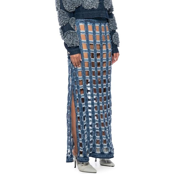 Miz Check on My Split: Square Biz Cut Out Denim Maxi Skirt Large - Picture 2 of 10